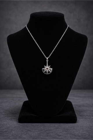 Güneş Motifli Kırmızı Taşlı Kolye Silver