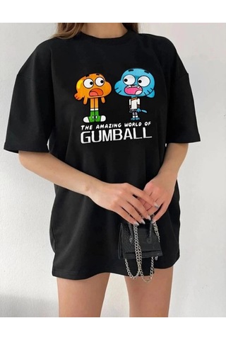 Freedom Storee Kadın Kısa Kol Tişört Bisiklet Yaka Baskılı Oversize T-shirt - Siyah Çok Renkli