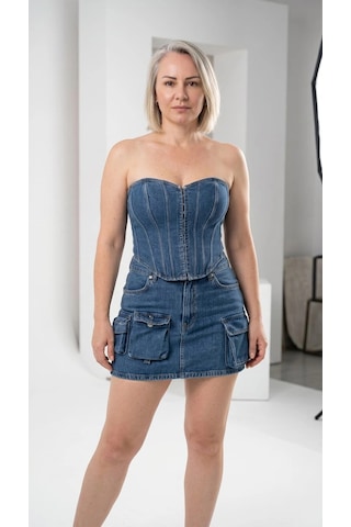 Byemelika Kargo Cep Detay Tasarım Denim Etek Mavi