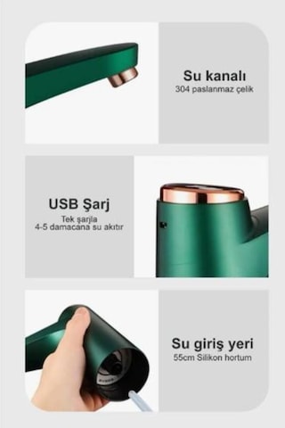 Akıllı Metalik Yeşil 600ml Damacana Su Pompası Otomatik Şarjlı