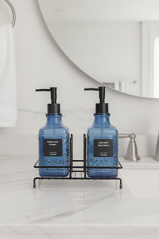 Makri Home Modern Cam Sıvı Sabunluk & Deterjanlık Seti-500 Ml Cam Sabunluk, Metal Stand'lı Siyah