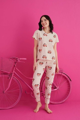 Kadın Baskılı Kısa Kollu Takım Waynap 4130 - Krem