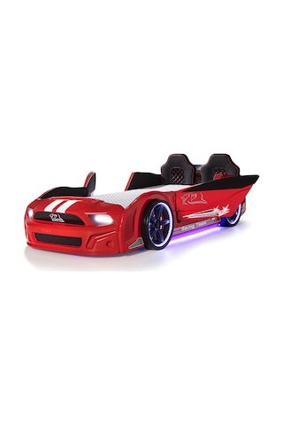 Kırmızı Arabalı Yatak Kapıları Açılan Mustang Full Ledli Kumandalı Ve Müzikli + Ortopedik Yatak