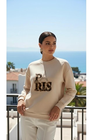 Taş Detaylı Eyfel Paris Yazılı Oversize Sweatshirt Ekru Ekru