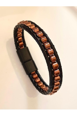 %100 Deri&hematit&çelik Kombinli Erkek Bileklik Boyut Net 21cm Siyah - Kahverengi