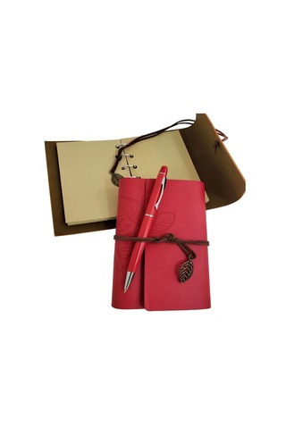 Özel Ahşap Kutulu Kırmızı Deri Defter Ve Kalem Set 1 Adet