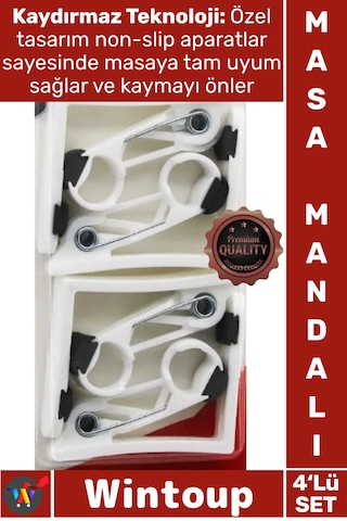 Mandal Kalite Kaymaz Örtü Tutucu Kaydırmaz Aparatlı Şık Beyaz Plastik 4'lü Yaylı Masa Mandalı Seti