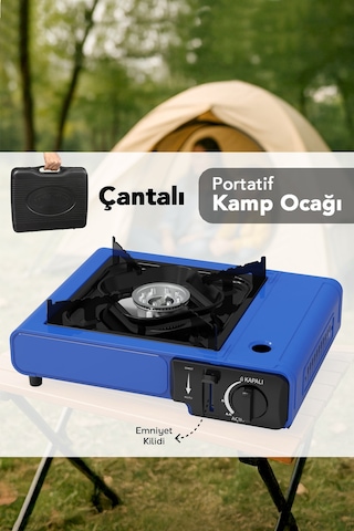 Portatif Kamp Ocağı - Taşıma Çantalı Gazlı Stop Emniyetli Ocak 34x28x11 Cm Mavi Mavi