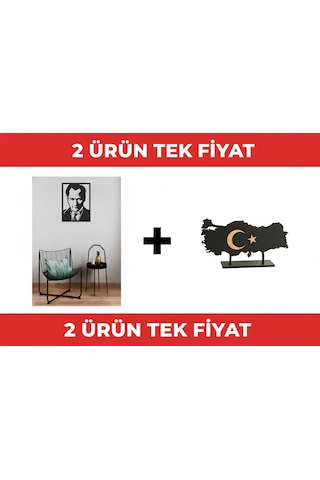 2 Ürün Al Tek Öde Atatürk Portre Ahşap Mdf + Türkiye Haritası