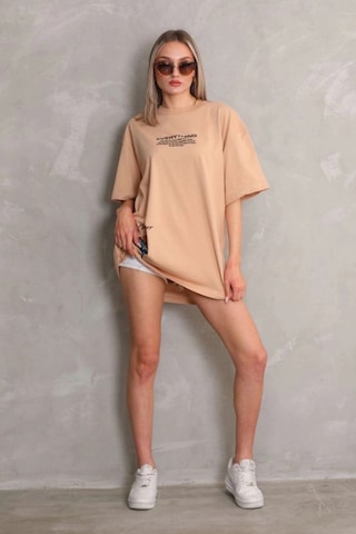 Freedom Storee Kadın Bisiklet Yaka Baskılı Oversize Kısa Kol T-shirt - Bej Çok Renkli