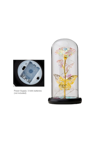 Folinda Mavi Renkli Plastik Sanal Gül, Işıklı Cam Kapağı Ve Kelebekli, Hediyelik, Aaa Pil Gerektirir Pil Dahil Değil