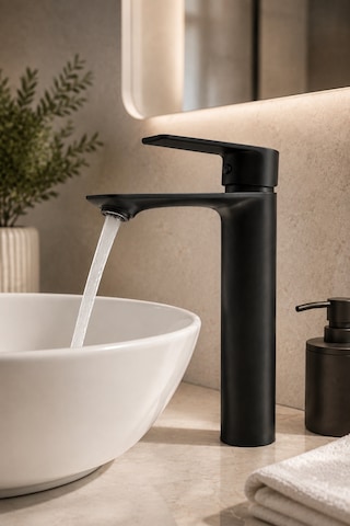 Mat Siyah Çanak Lavabo Bataryası Pirinç Gövde Yüksek Tip Tezgâh Üstü Sıcak Soğuk Banyo Musluğu