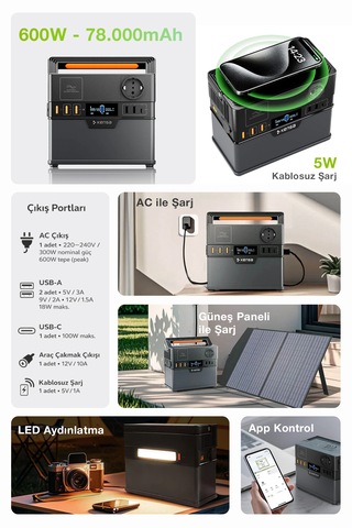 600w Taşınabilir Güç Istasyonu 78000 Mah Kablosuz Şarjlı Solar Destekli App Kontrollü 288wh Kapasite