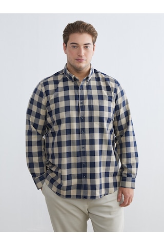 Lcwaıkıkı Classic Bej Büyük Beden Regular Fit Uzun Kollu Ekose Gabardin Erkek Gömlek
