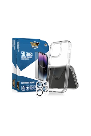 Buff Apple iPhone Uyumlu 14 Pro Max - 2x5d Ekran Koruyucu + Şeffaf Kılıf + Lens Koruyucu Glass