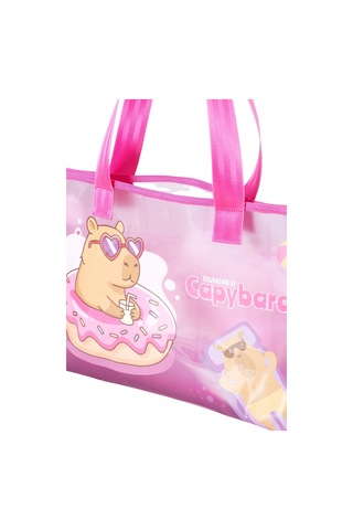Capybara Figürlü Plaj Çantası Şeffaf Yüzeyli, Geniş Hacimli Pembe
