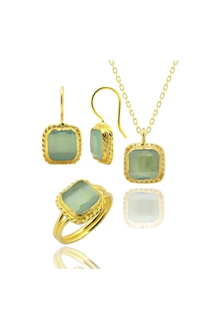 Beyisa Güneş Taşı Serisi Sarma Kare Kesim Renkli 22 Ayar Altın Kaplama Kadın Üçlü Set