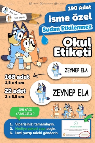 Okul Etiketi Kalem Defter İsimli Etiket Isim Yazılabilen Bluey Temalı - 190 Adet Özel Yeni Tasarım