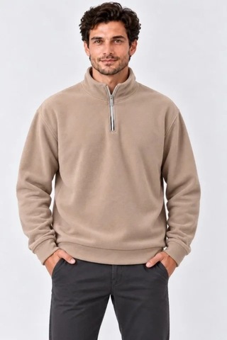 Zennamoda Erkek Polar Dik Yaka Yarım Fermuarlı Uzun Kollu Regular Fit Kışlık Sweatshirt - Bej