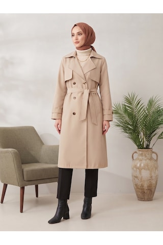 B.he.z Kruvaze Yaka Bondik Su İtici Kumaş Astarlı Trend Model Diz Altı Trençkot Taş