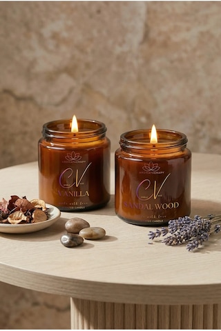 2 Li Amber Cam Kavanoz Aromaterapi Mum Seti Vanilya & Sandal Ağacı %100 Doğal Soya Kapaklı 100 Cc Amber