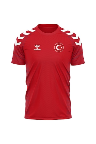 Hummel Milli Takım T-shirt Kişiye Özel Baskılı Silikon Türk Bayrağı Armalı Kırmızı - Beyaz