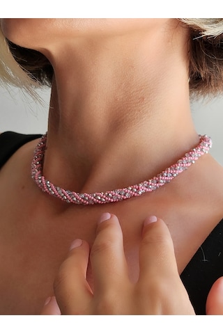 Etnik Bohem Sarmal Dönmeli Model Kristal Pembe Gümüş Taşlı Kristal Boncuk Kolye Pembe