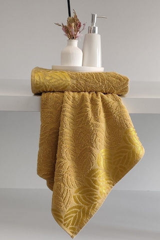 2'li Jakarlı Yaprak Desenli %100 Pamuk El Yüz Havlusu-50x90cm Hardal Hardal