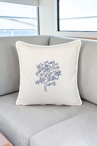 Kırlent Kılıfı 45x45 Marin Nakışlı Yosun Desen Su İtici Outdoor Keten Beyaz Biyeli Tekne Bahçe Krem
