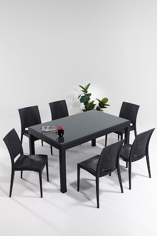 Rattan Camlı 90x150 Bahçe&balkon&teras Masa Seti - Antrasit Gri