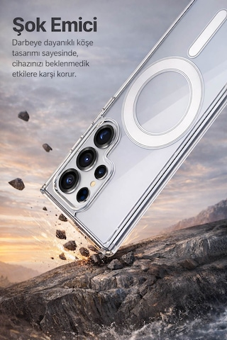 Samsung Galaxy S25 Ultra Uyumlu Kamera Korumalı Magsafe Wireless Şarj Özellikli Lüks Şeffaf Silikon Telefon Kılıfı Resimdeki