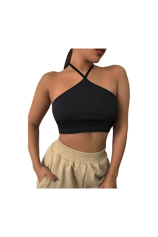 Liona Kadın Boyundan Bağlamalı Siyah Renk Crop Top Bluz 001