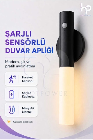 Şarjlı Sensörlü Duvar Apliği Manyetik Kablosuz Led Gece Lambası Type-c Siyah