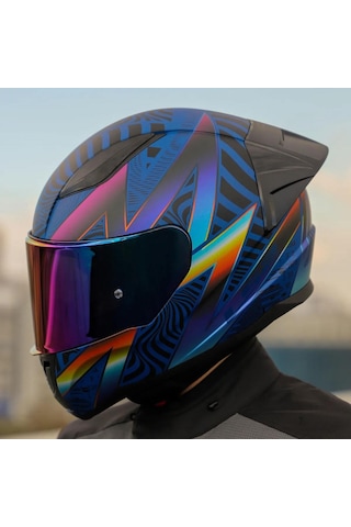 Şeffaf + Gökkuşağı Vizörlü + Yarış Spoiler + Ls2 Rapid 2 Optik Race Kapalı Motosiklet Kaskı Mavi - Mor