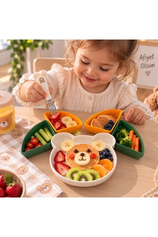 Ayıcık 4 Bölmeli Çocuk Mama Tabağı Çıkarılabilir 4 Lü Kap Renkli