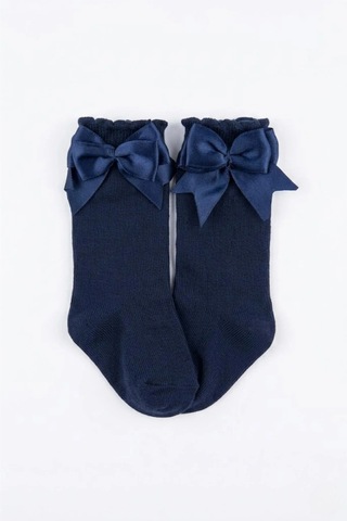 Cocole Socks Kız Çocuk Aksesuarlı Dizaltı Çorabı Tekli Pamuklu Düz Lacivert Fiyonklu