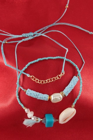 3lü Deniz Kabuğu İncili Boncuklu Püsküllü Asansörlü Lastikli İp Bileklik. Kadın İp Bileklik Halhal Çok Renkli