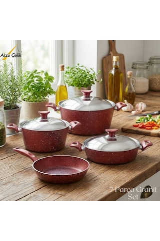 7 Parça Granit Set Çelik Kapak - Kırmızı Kırmızı