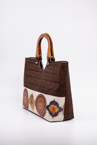 Fabric Craft Bag Ahşap Saplı El Çantası Kahverengi Kapitone 46x30 Cm Kahverengi