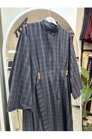 Nirva Butik Kadın Ekose Desenli Belden Oturtmalı Elbise Kahverengi - Lacivert