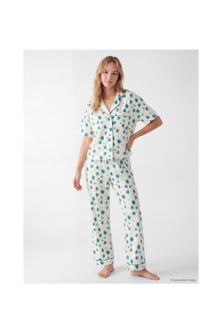 Lcw Dream Ekru Gömlek Yaka Çiçekli Kadın Pijama Takımı