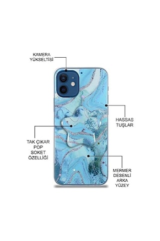 Apple İphone 11 İle Uyumlu Kapak Mermer Desenli Pop Socketli Silikon Kılıf - Beyaz 50 x 22