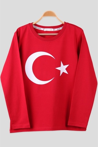 Erkek Çocuk Türk Bayraklı Uzun Kollu Tişört Kırmızı (5-10 Yaş)