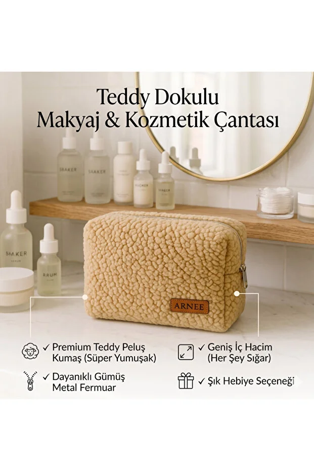 Singularis Premium Teddy Kumaş Seyahat Tipi Kozmetik Çantası Portatif Organizer Açık Kahverengi