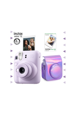 Fujifilm Instax Mini 12 Fotoğraf Makinesi + 10'lu Film + Parlak Kılıf Seti Lila