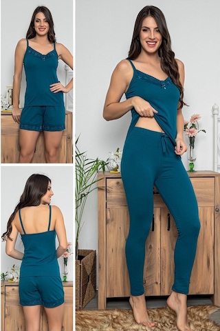 Kadın Petrol Renkli Dantel Detaylı Şortlu Ve Taytlı Pijama Takımı 3'lü Set 75007 Petrol