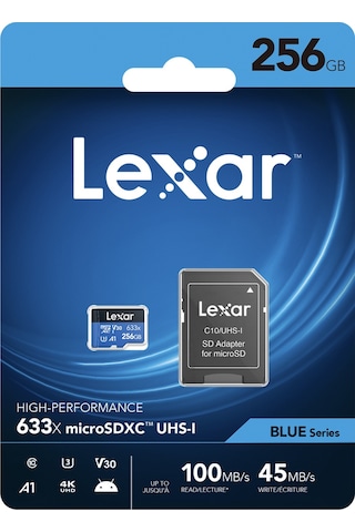 Lexar LSDMI256BBEU633A 256GB 633X microSDXC UHS-I 100Mb/sn Read 45Mb/sn Write + SD Adaptor U3 A1 V30 4K Class10 Hafıza Kartı