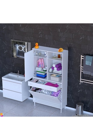 Modilayn Afra 90x173x32,5cm 1 Çekmece, 3 Göz Sepet, 1 Kapak, 6 Raf Dar Alan Banyo Dolabı Beyaz