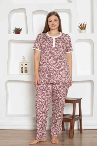 Kadın Çiçek Desen Bisiklet Yaka 3 Düğmeli %100 Pamuk Penye İnce Yazlık Kısa Kol Pijama Takımı Mürdüm
