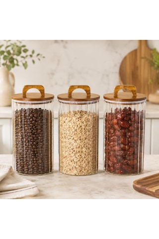 3200 Ml Zahire Kavanozu 3'lü Set, Ahşap Kapaklı Kulplu Cam Erzak Saklama Kabı, Büyük Boy Bakliyat Makarna Kahve Kuruyemiş Saklama Kavanozu, Ribbed Cam Mutfak Düzenleyici Kavanoz Seti Çok Renkli
